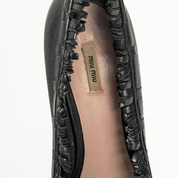 Miu Miu Black Leather Fringe-Trim Studded Bow Heels - Picture 8 of 8